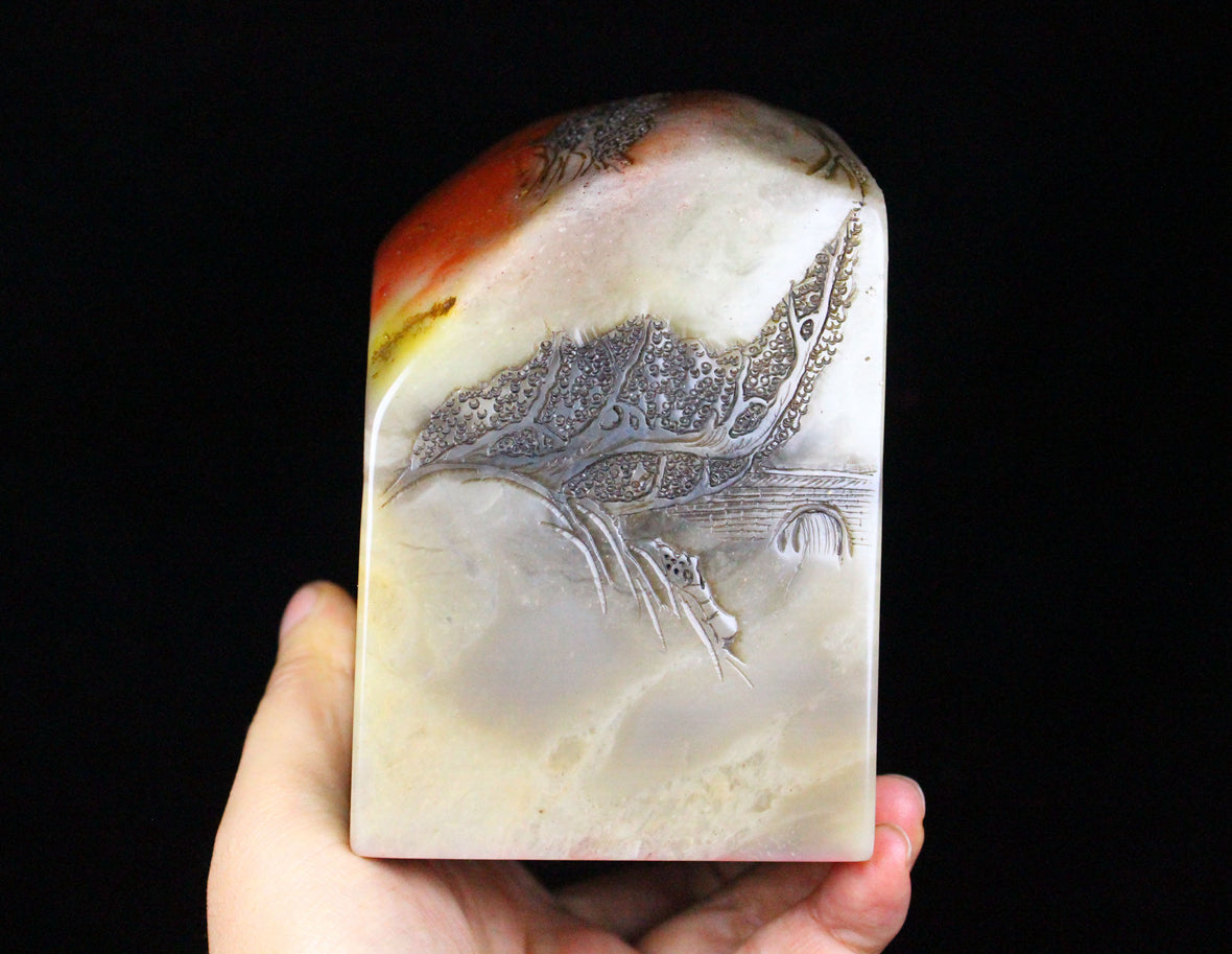 A0547 Vintage Chinese Shoushan Stone Low Relief Boat & Figure Seal Statue