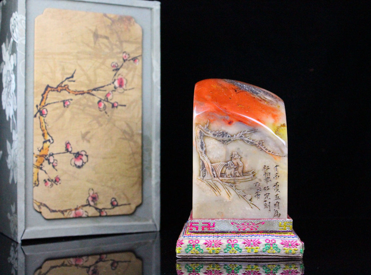 A0547 Vintage Chinese Shoushan Stone Low Relief Boat & Figure Seal Statue