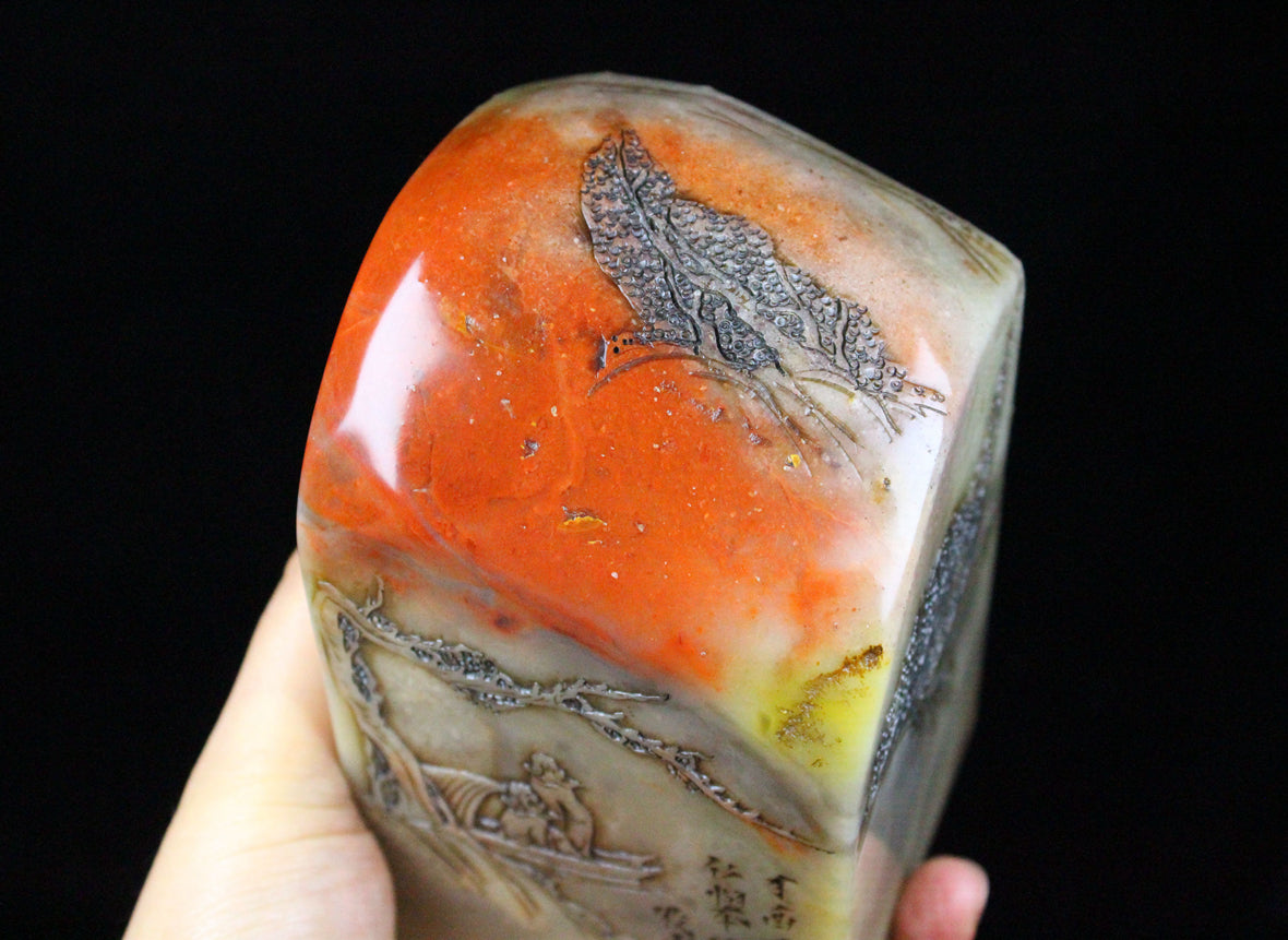 A0547 Vintage Chinese Shoushan Stone Low Relief Boat & Figure Seal Statue