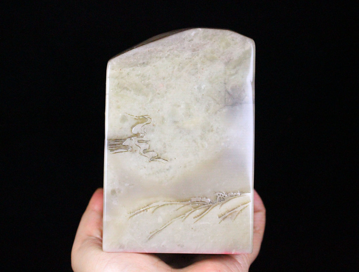A0547 Vintage Chinese Shoushan Stone Low Relief Boat & Figure Seal Statue