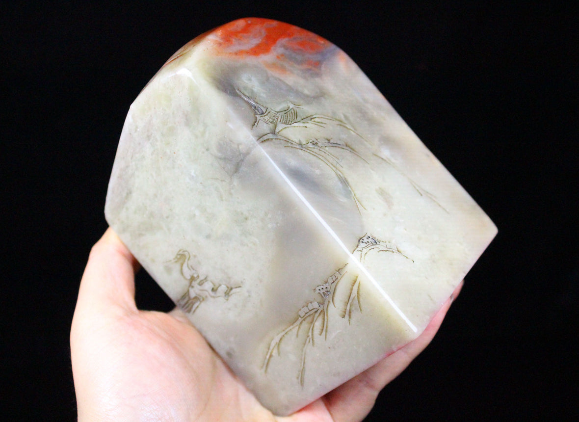 A0547 Vintage Chinese Shoushan Stone Low Relief Boat & Figure Seal Statue