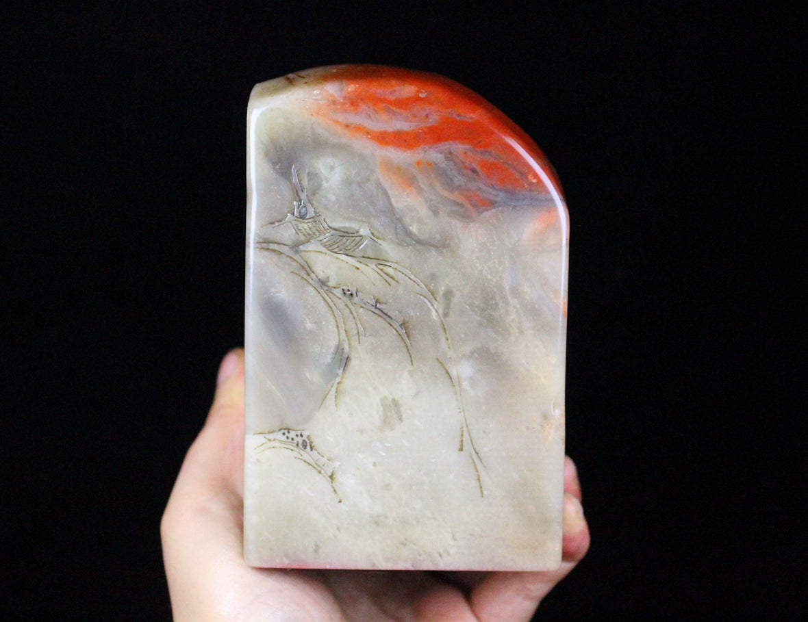 A0547 Vintage Chinese Shoushan Stone Low Relief Boat & Figure Seal Statue