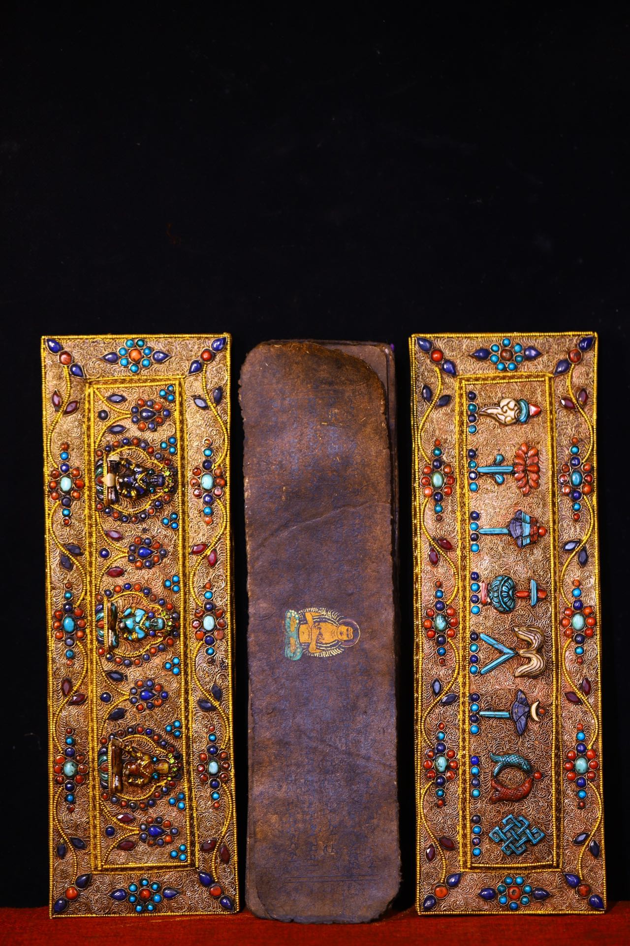 A0550 Vintage Buddhism Handwriting Sutra Book w Gold Wires Inlay Gem Cover