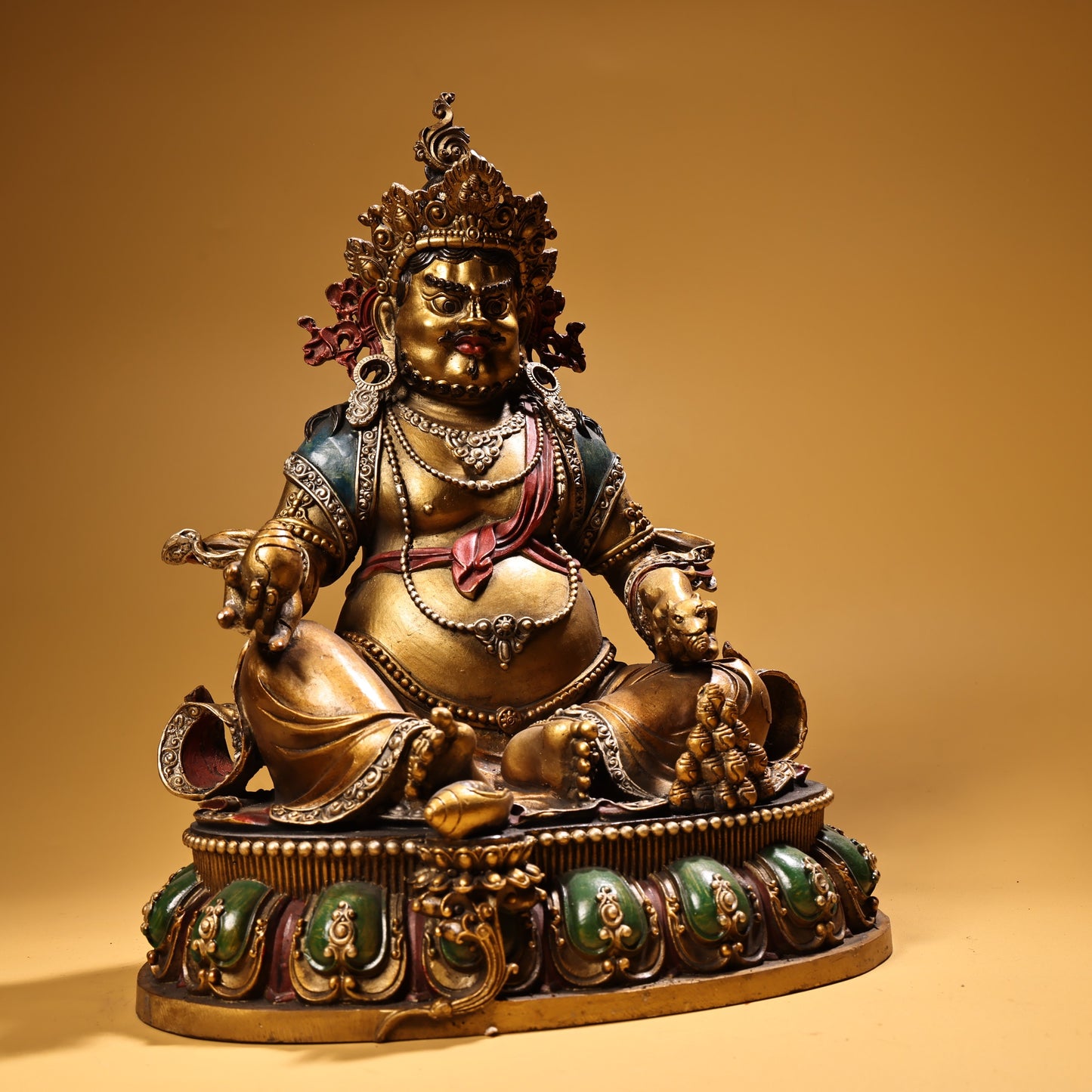 A0552 Tibetan Buddhism Colored Drawing Gilt Gold Copper Yellow Jambhala Statue