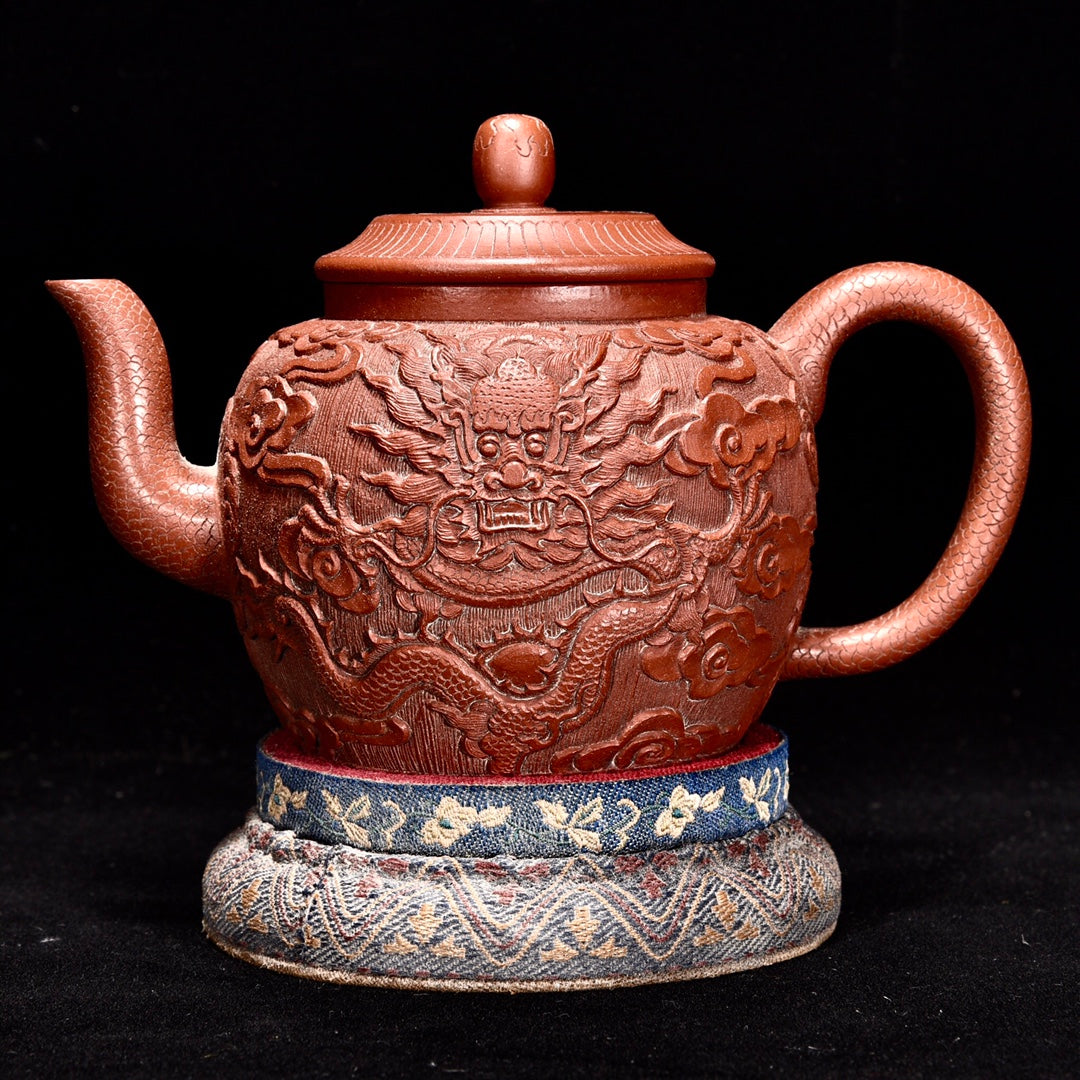 A0555 Chinese Yixing Zisha Clay Low Relief Clouds Dragon Design Teapot w Box