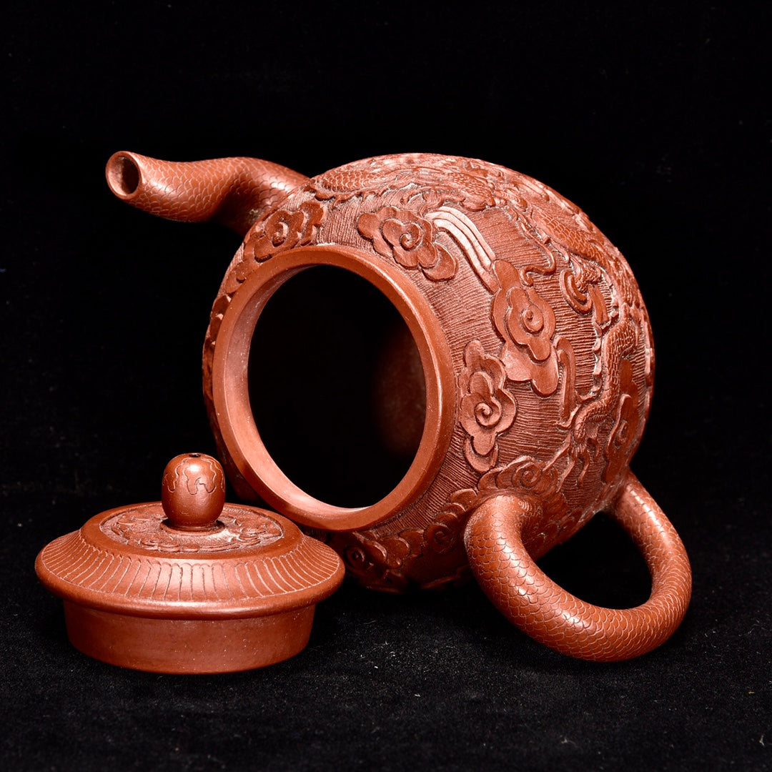 A0555 Chinese Yixing Zisha Clay Low Relief Clouds Dragon Design Teapot w Box