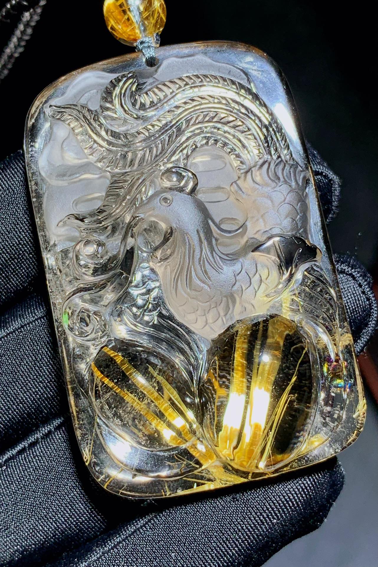 A0558 Exquisite Titanium Crystal Carved Phoenix Pendant