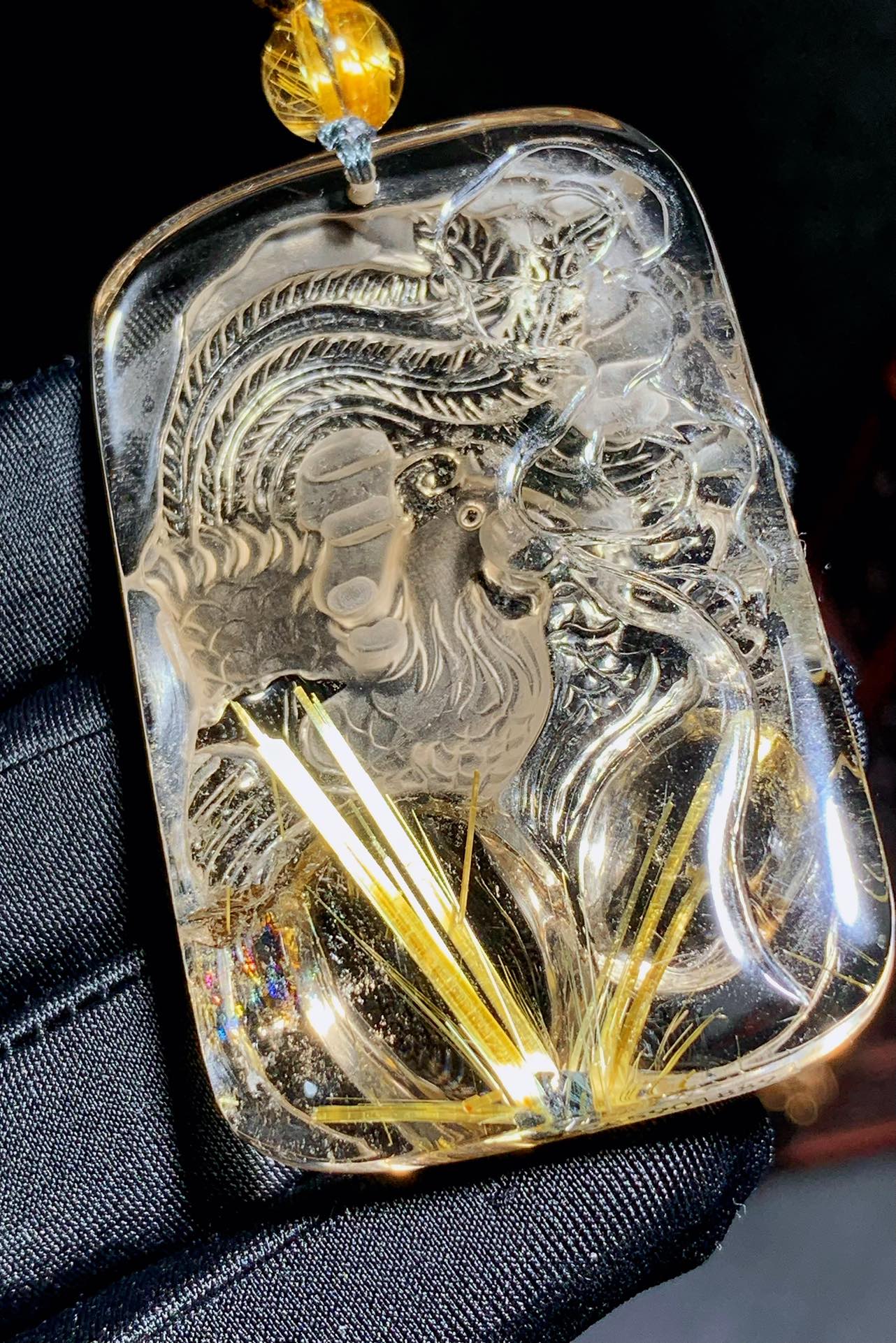 A0558 Exquisite Titanium Crystal Carved Phoenix Pendant