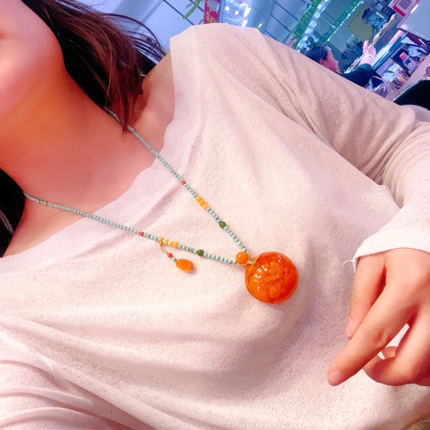 A0560 Beautiful Beeswax Lucky Pendant w Turquoise Beads Necklace