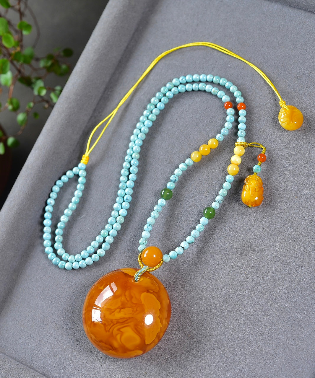 A0560 Beautiful Beeswax Lucky Pendant w Turquoise Beads Necklace