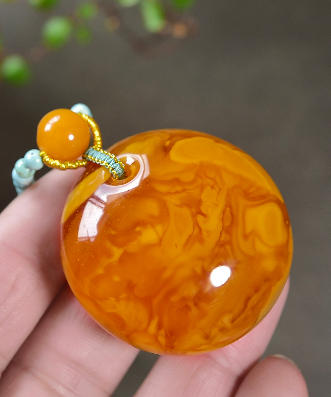 A0560 Beautiful Beeswax Lucky Pendant w Turquoise Beads Necklace