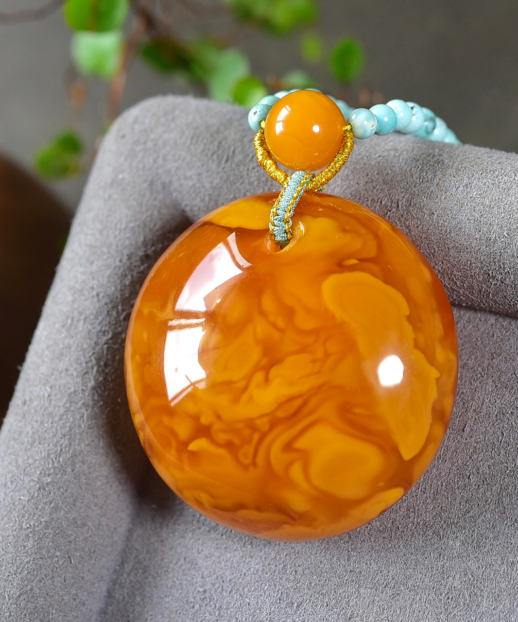 A0560 Beautiful Beeswax Lucky Pendant w Turquoise Beads Necklace
