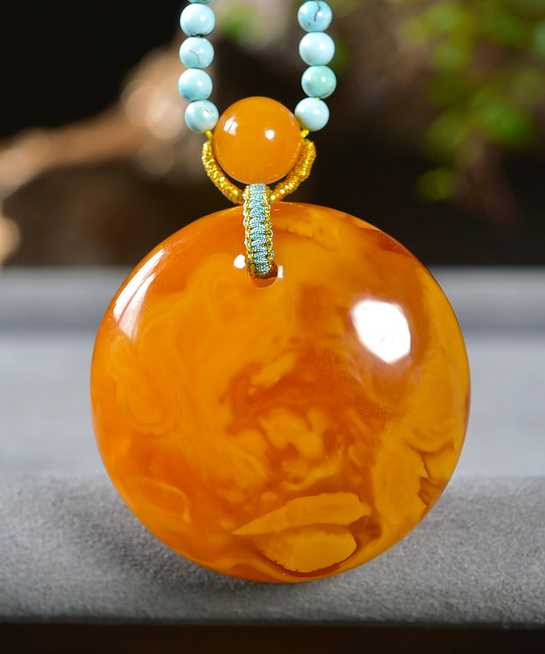 A0560 Beautiful Beeswax Lucky Pendant w Turquoise Beads Necklace