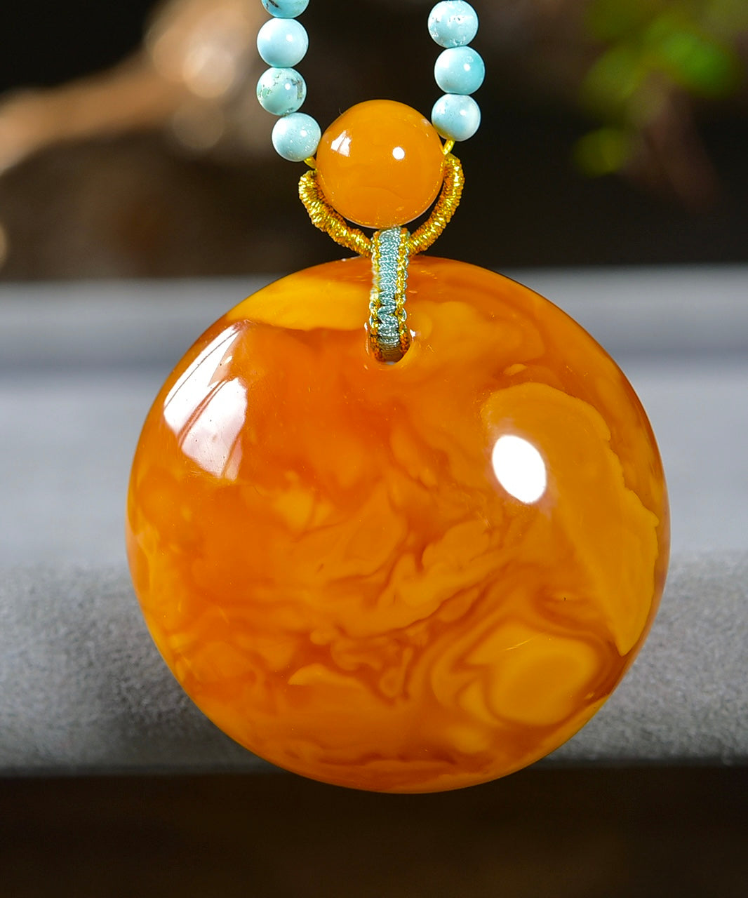 A0560 Beautiful Beeswax Lucky Pendant w Turquoise Beads Necklace