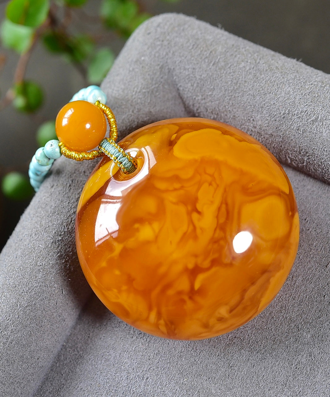 A0560 Beautiful Beeswax Lucky Pendant w Turquoise Beads Necklace