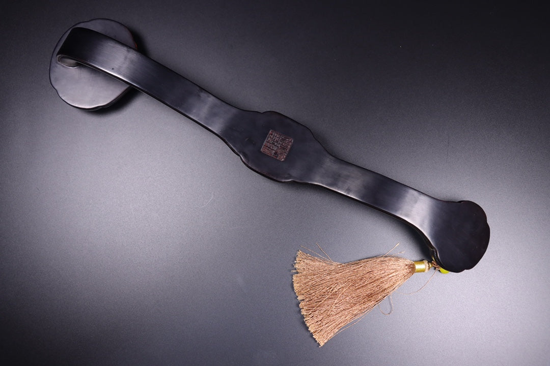 A0561 Antique Chinese Zitan Wood Inlay Hetian Jade & Gem Ruyi Scepter Statue