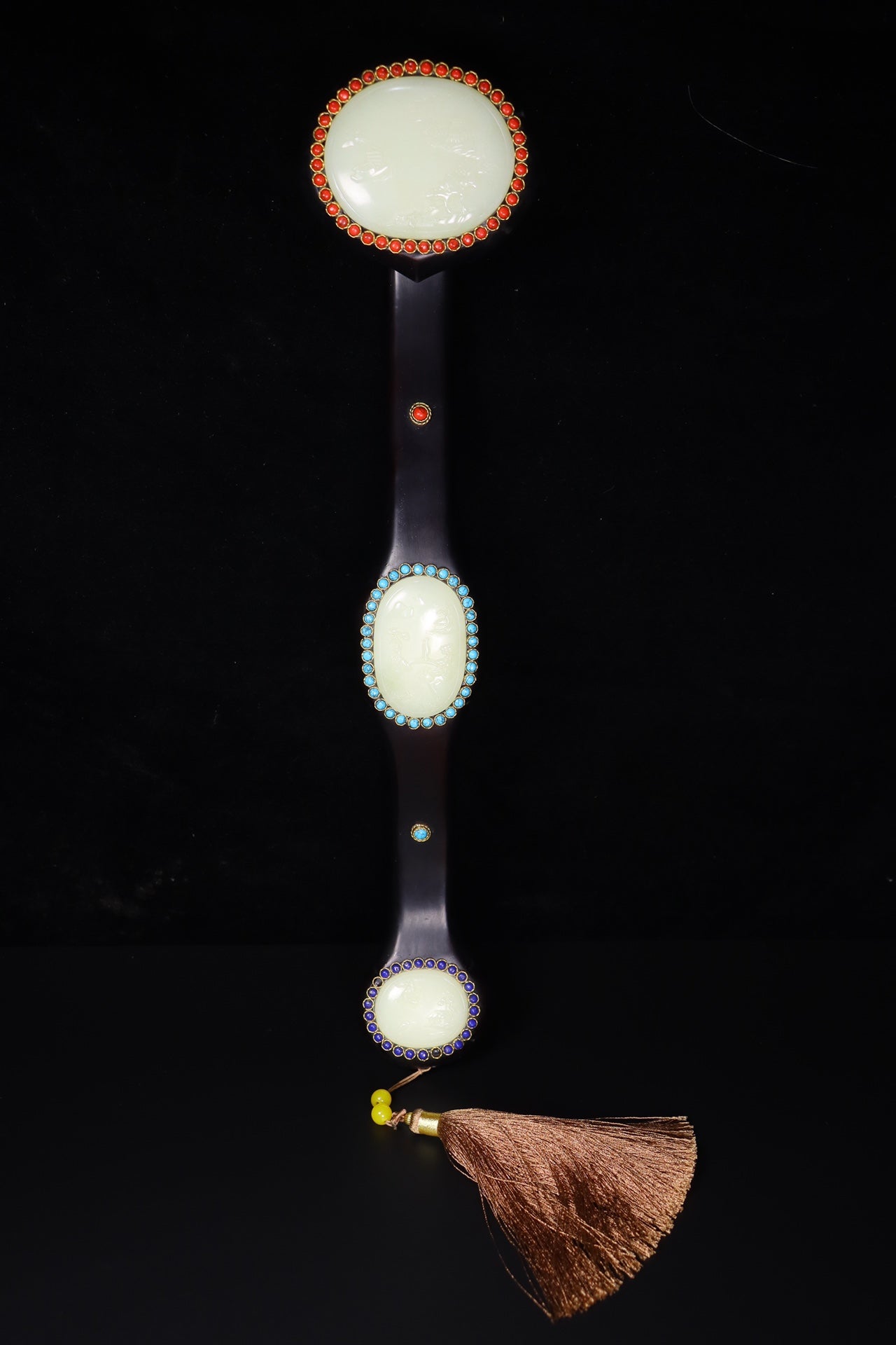 A0561 Antique Chinese Zitan Wood Inlay Hetian Jade & Gem Ruyi Scepter Statue