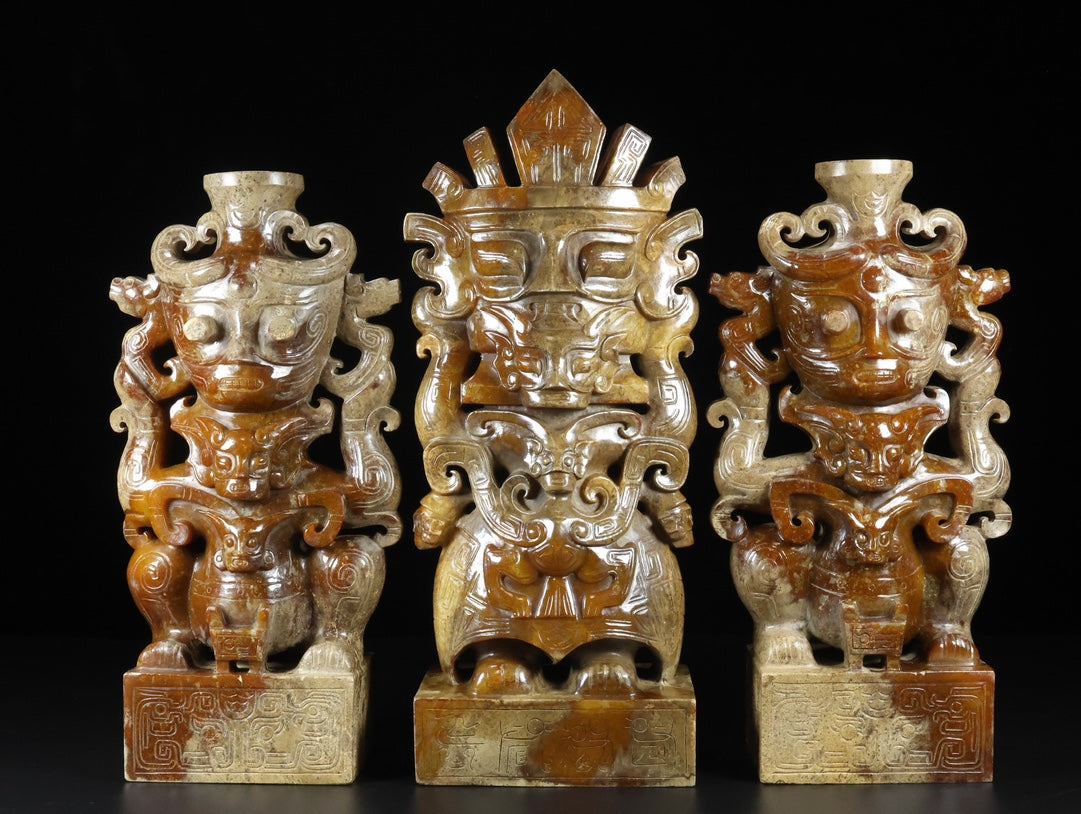 A0563 A Set Three Vintage Chinese Hetian Jade Carved Beast Figure Statue