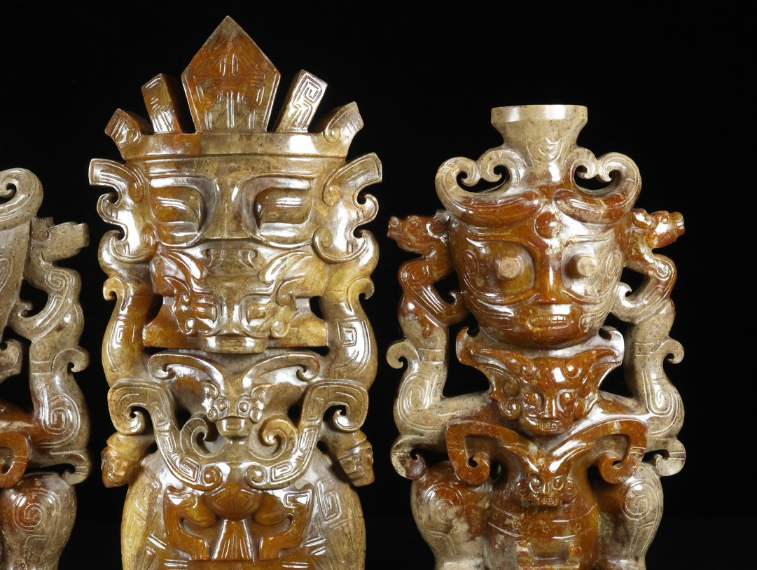 A0563 A Set Three Vintage Chinese Hetian Jade Carved Beast Figure Statue