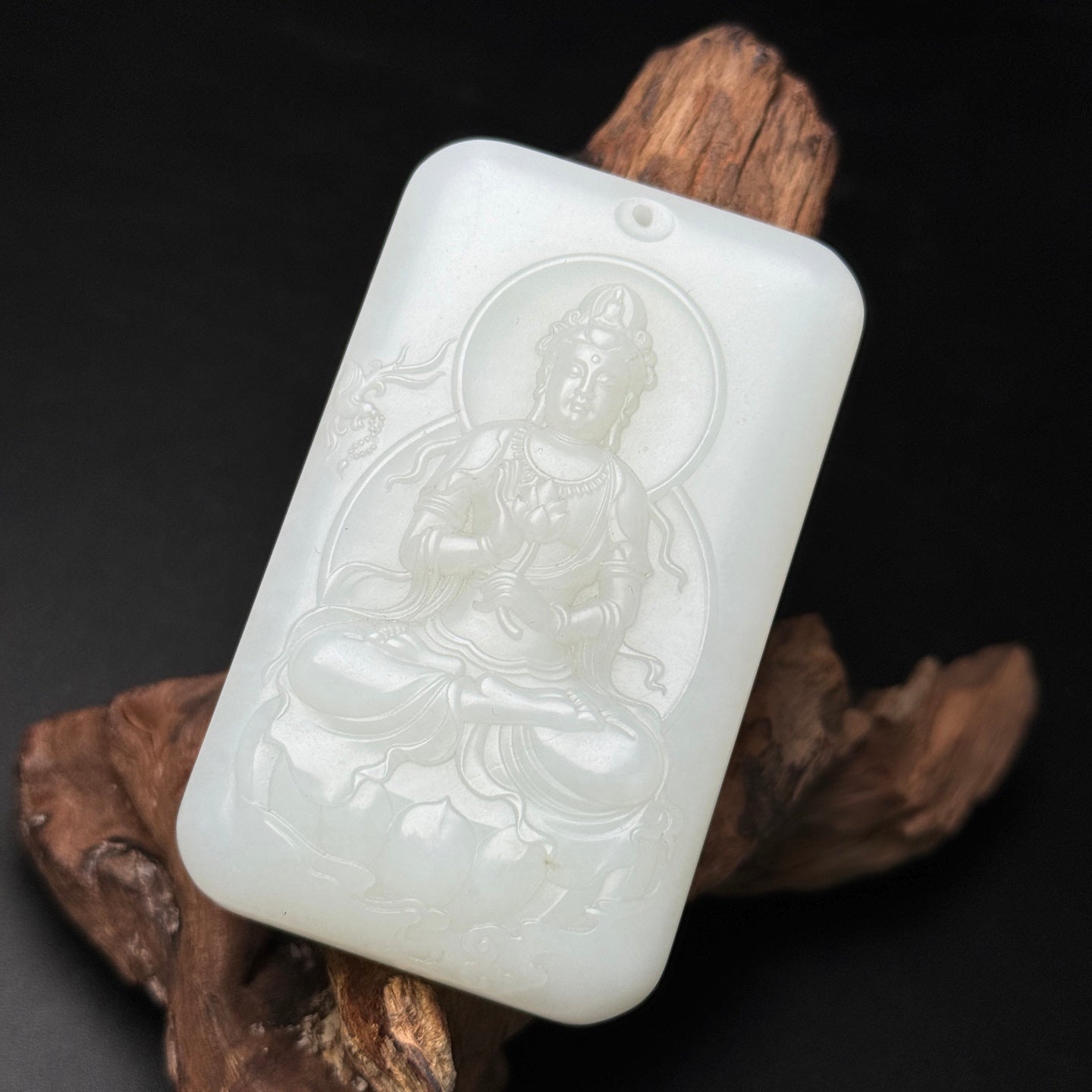 A0566 Superb Chinese White Hetian Jade Low Relief Kwan-yin Pendant