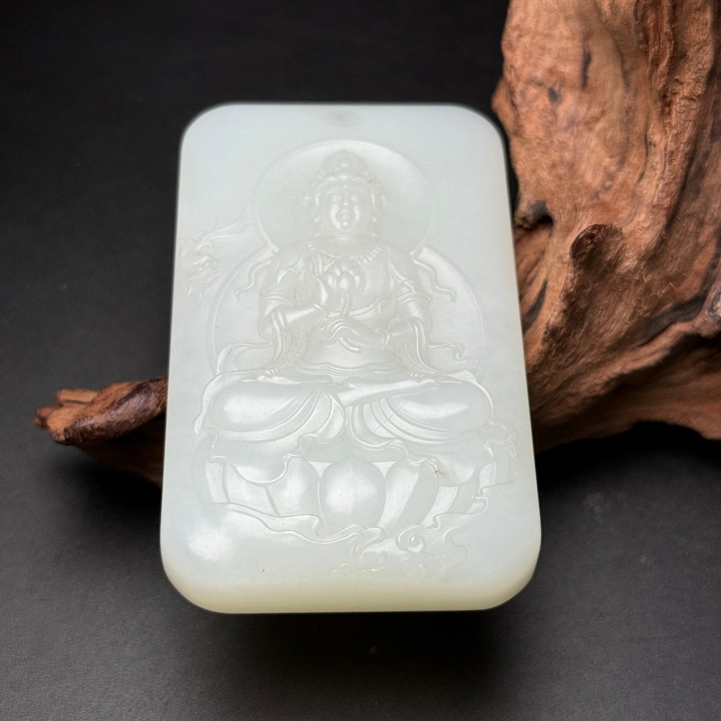 A0566 Superb Chinese White Hetian Jade Low Relief Kwan-yin Pendant