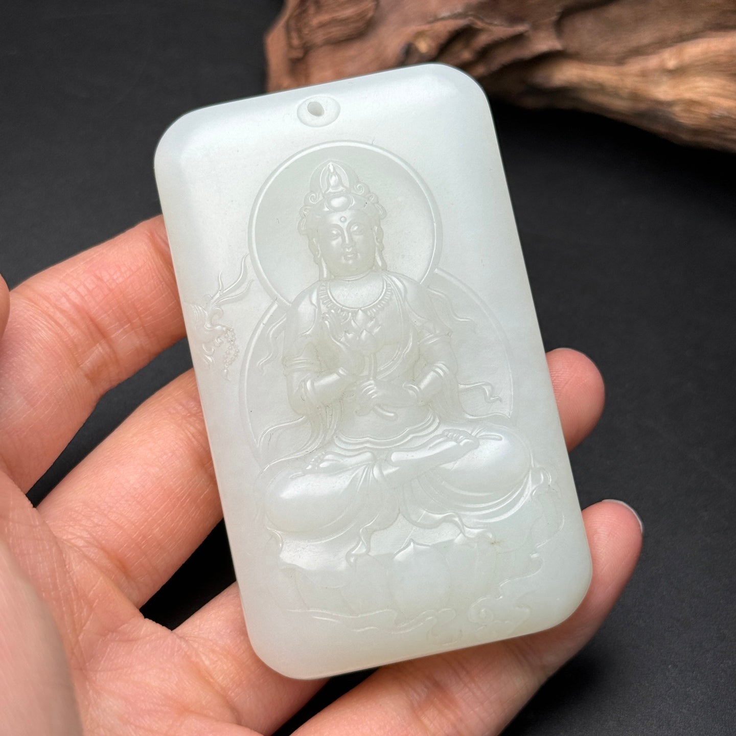 A0566 Superb Chinese White Hetian Jade Low Relief Kwan-yin Pendant