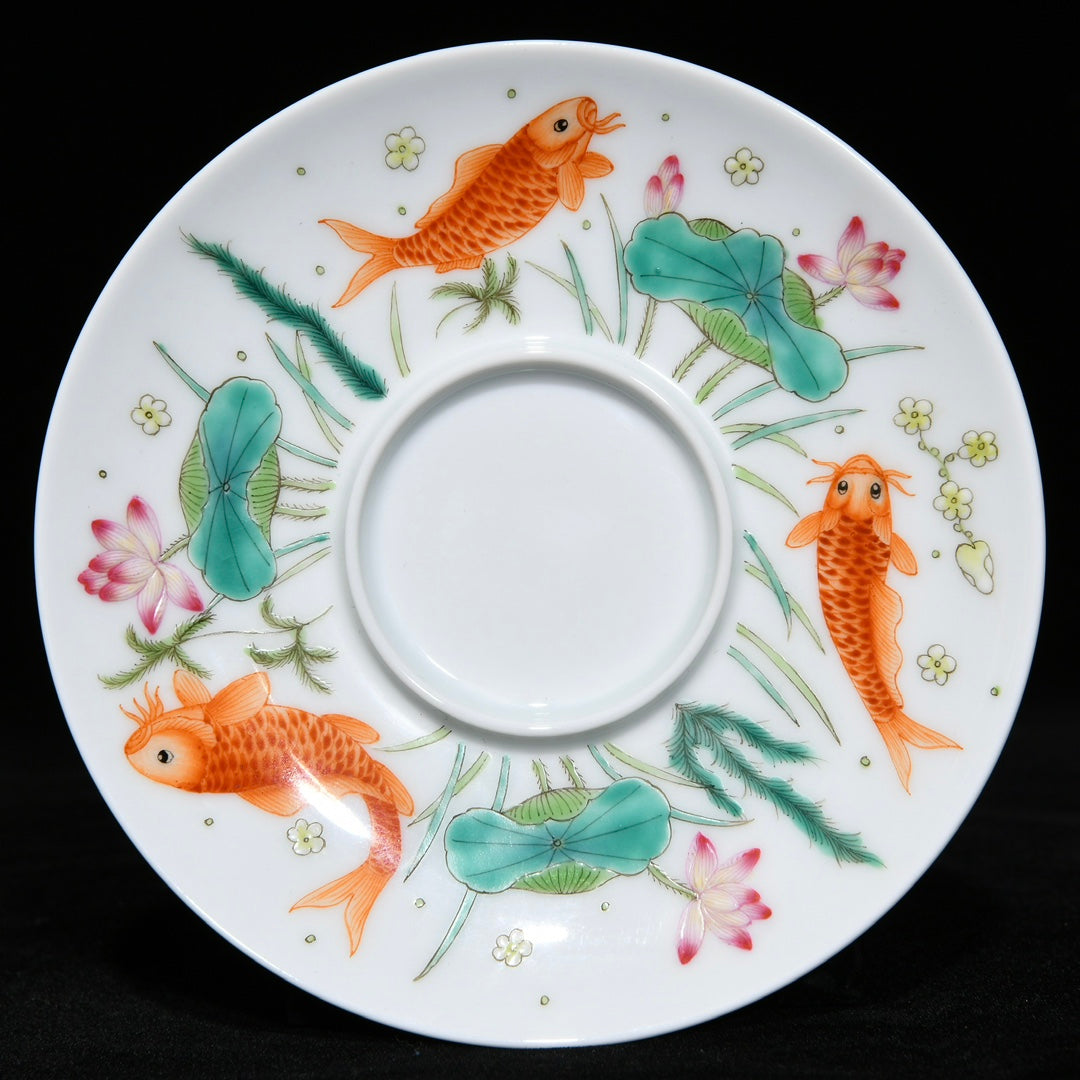 A0570 A Pair Chinese Famille Rose Enamel Carp & Lotus Flower & Lotus Leaf Design Porcelain Teabowl w Saucer