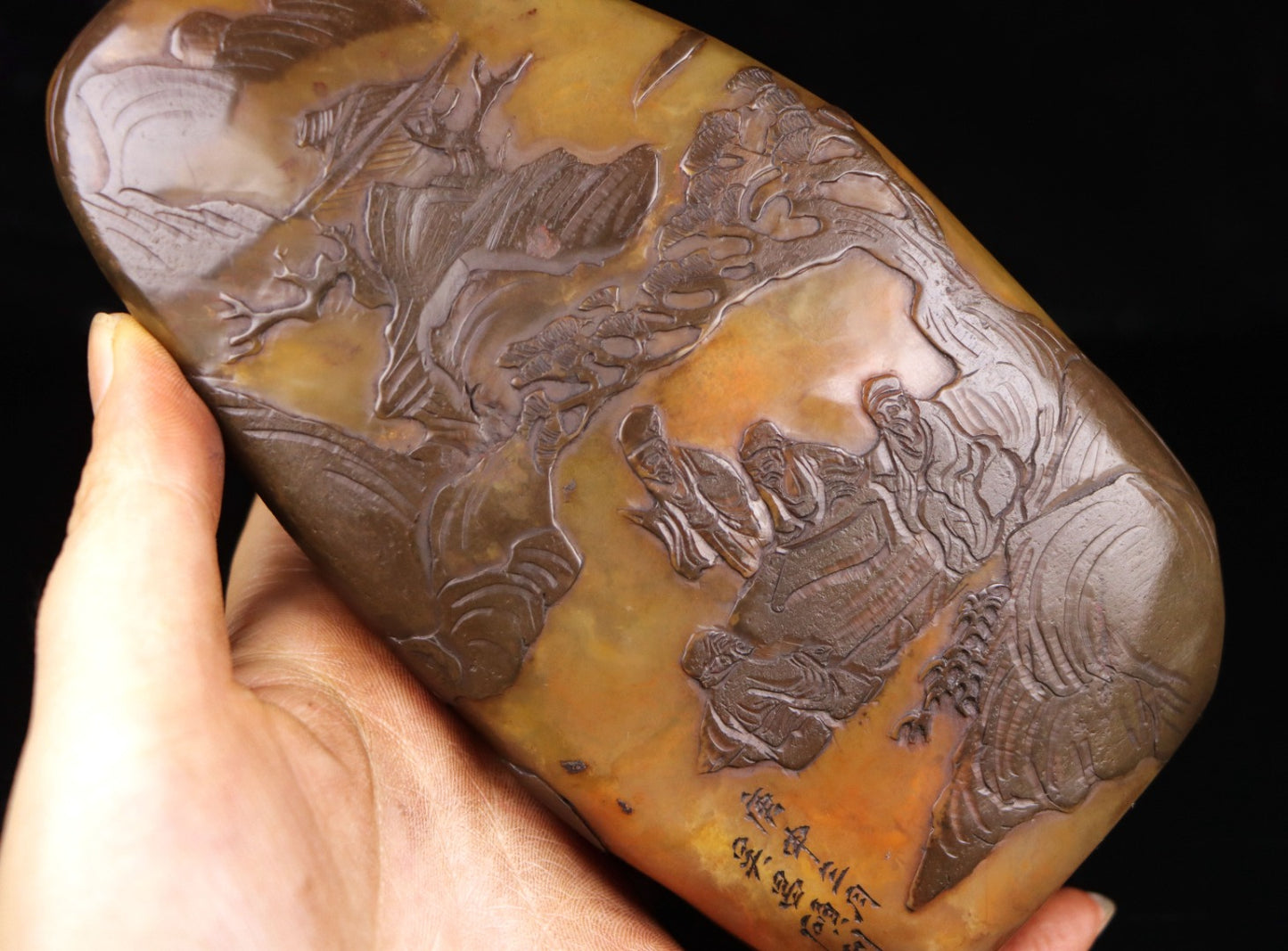 A0577 A Set Three Chinese Black Skin Shoushan Stone Low Relief Sages Meeting Seal Statue