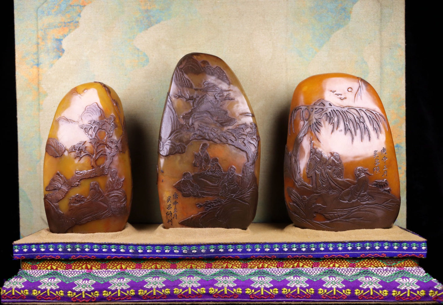 A0577 A Set Three Chinese Black Skin Shoushan Stone Low Relief Sages Meeting Seal Statue