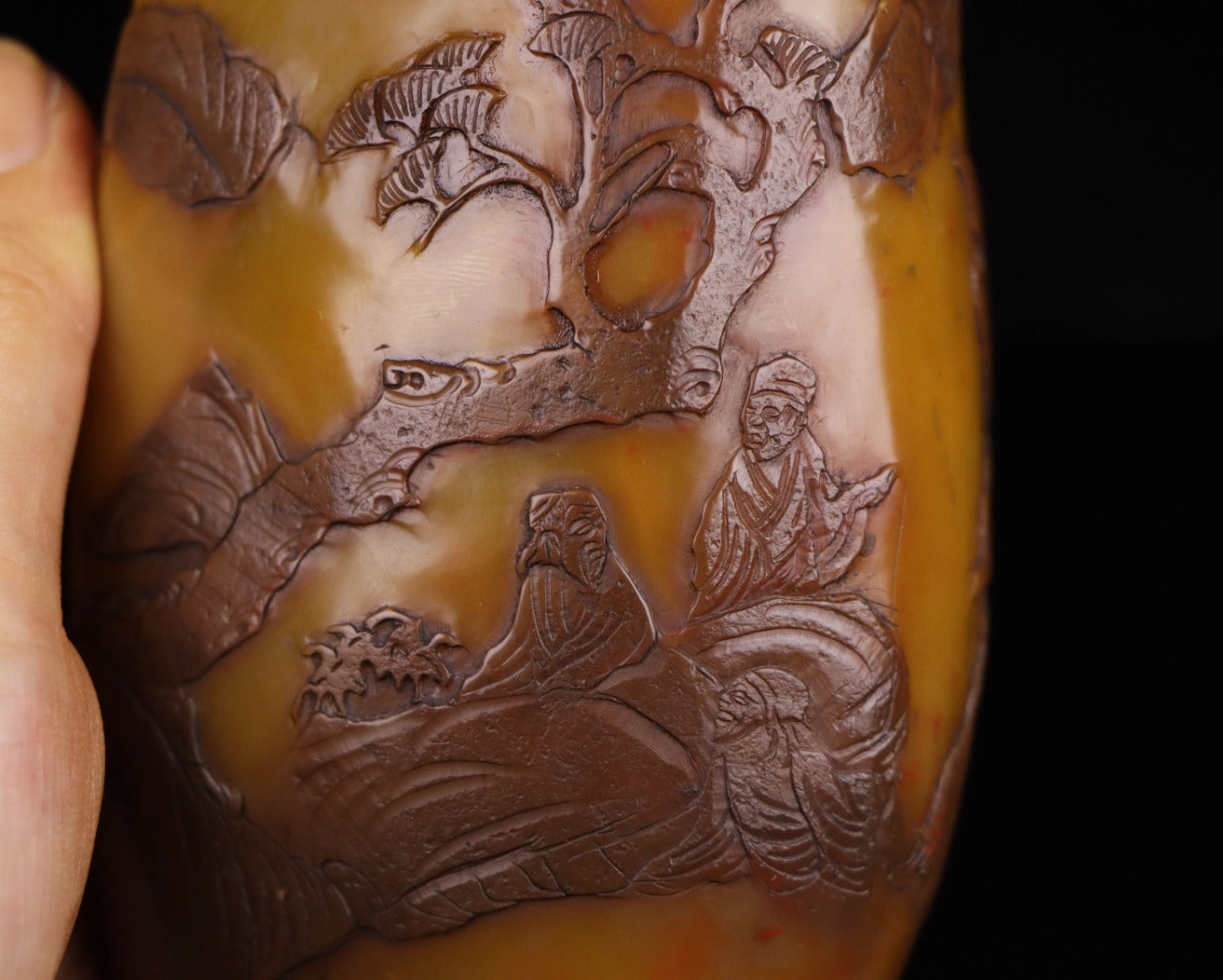 A0577 A Set Three Chinese Black Skin Shoushan Stone Low Relief Sages Meeting Seal Statue