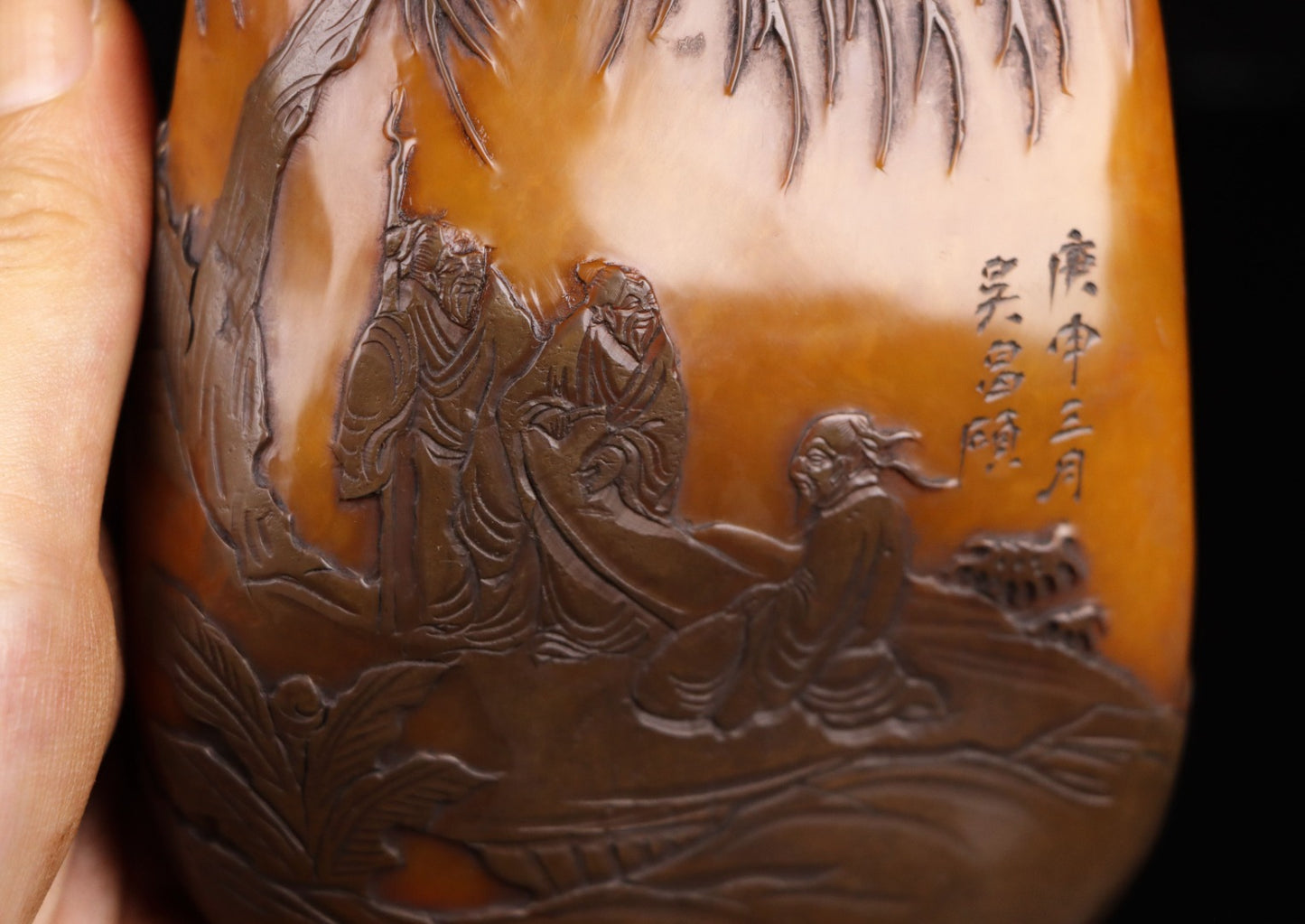 A0577 A Set Three Chinese Black Skin Shoushan Stone Low Relief Sages Meeting Seal Statue