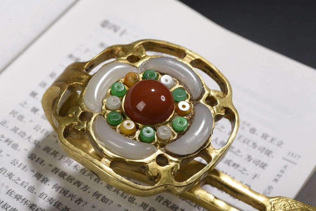 A0580 Vintage Chinese Gilt Gold Copper Inlay Jade & Agate & Turquoise Ruyi Scepter Statue