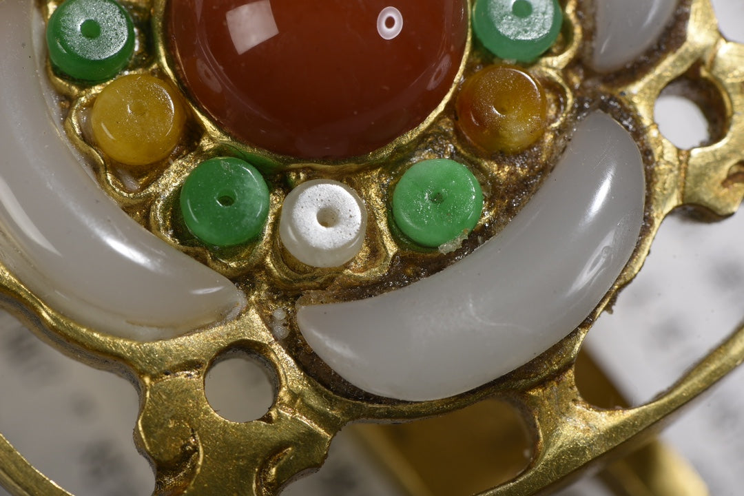 A0580 Vintage Chinese Gilt Gold Copper Inlay Jade & Agate & Turquoise Ruyi Scepter Statue