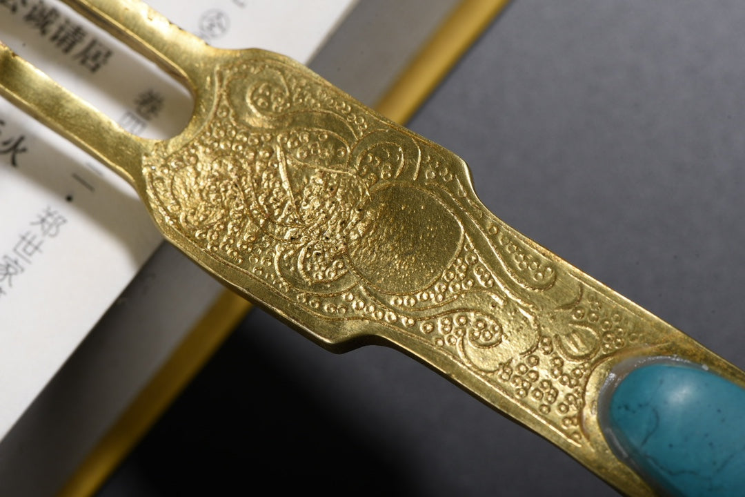 A0580 Vintage Chinese Gilt Gold Copper Inlay Jade & Agate & Turquoise Ruyi Scepter Statue