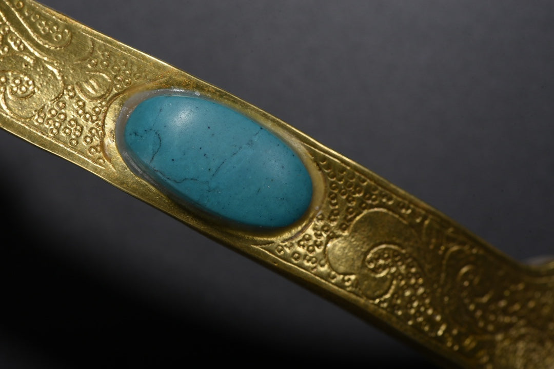 A0580 Vintage Chinese Gilt Gold Copper Inlay Jade & Agate & Turquoise Ruyi Scepter Statue