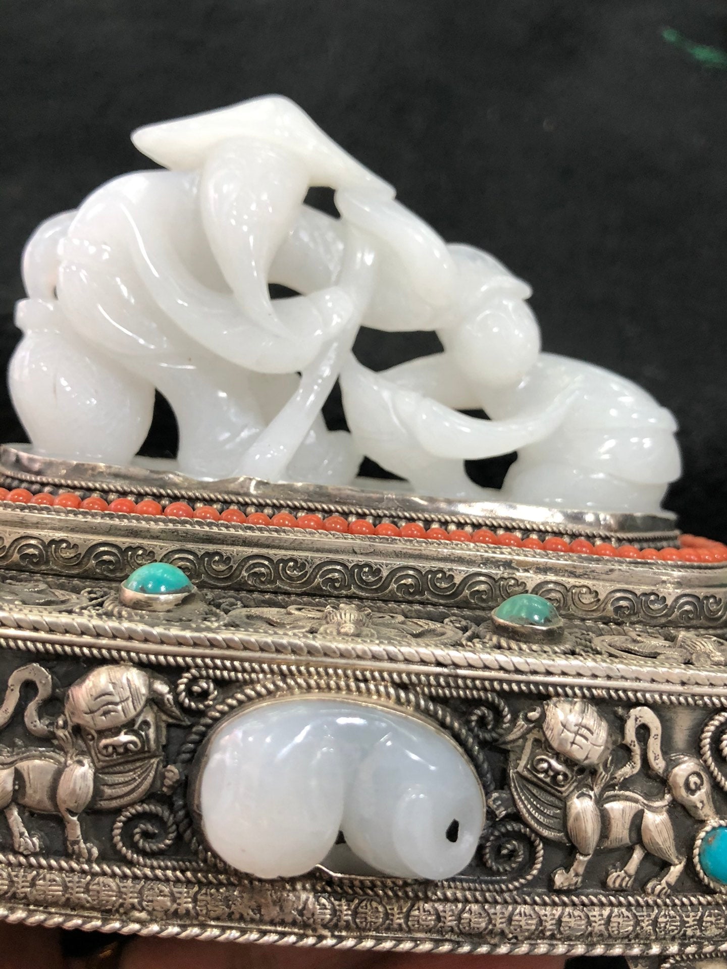 A0583 Vintage Chinese Pure Silver Inlay Hetian Jade & Gems Figure Statue