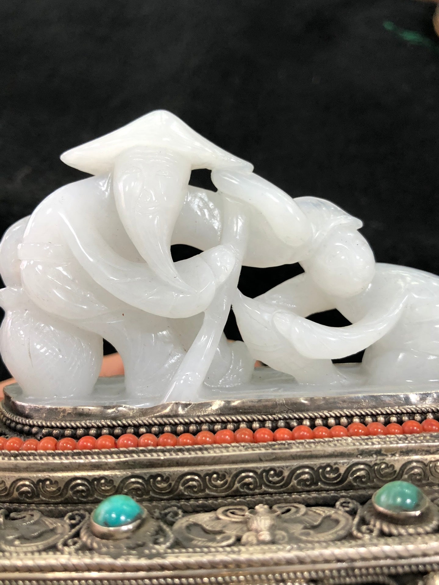 A0583 Vintage Chinese Pure Silver Inlay Hetian Jade & Gems Figure Statue
