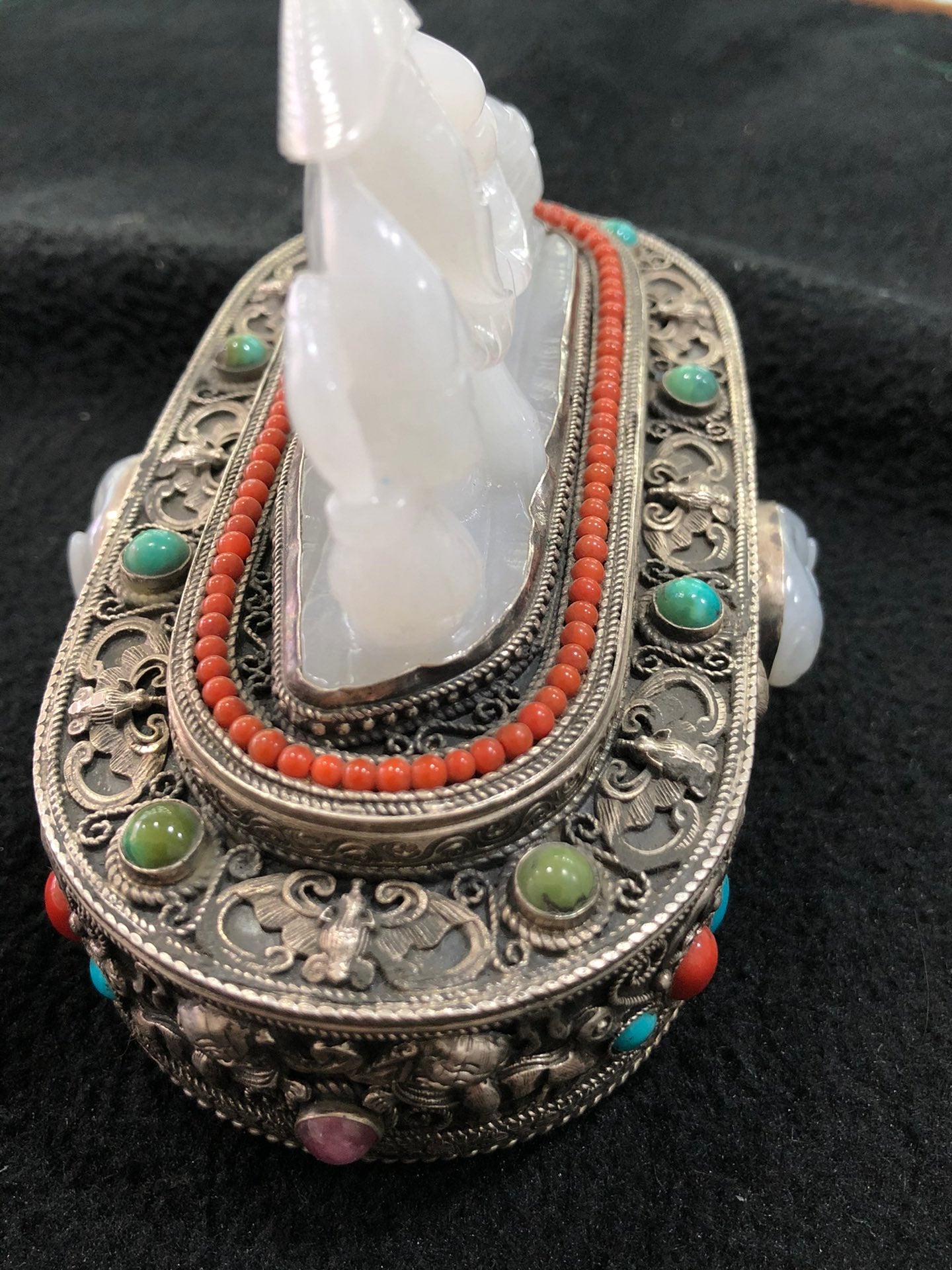A0583 Vintage Chinese Pure Silver Inlay Hetian Jade & Gems Figure Statue