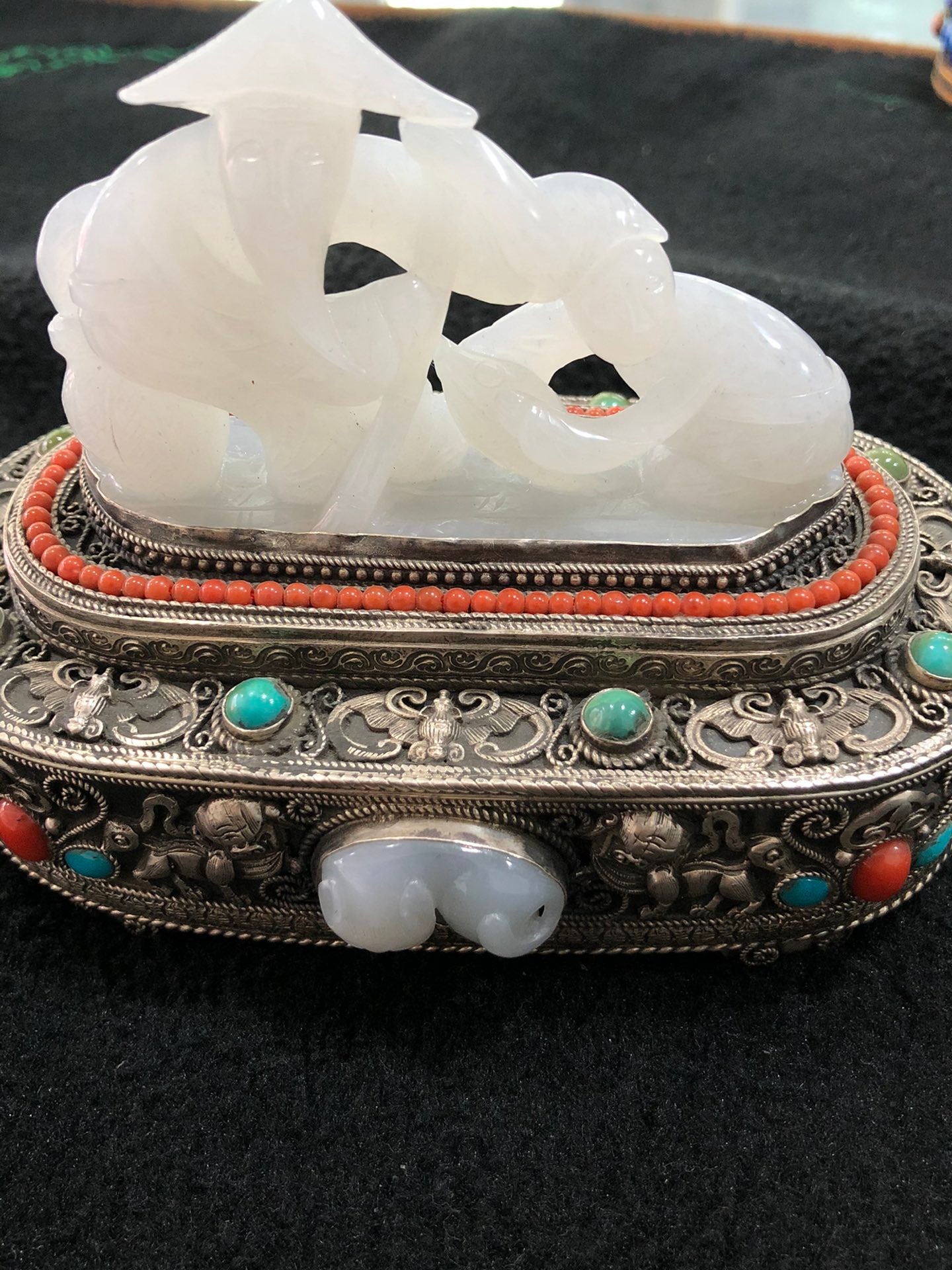 A0583 Vintage Chinese Pure Silver Inlay Hetian Jade & Gems Figure Statue