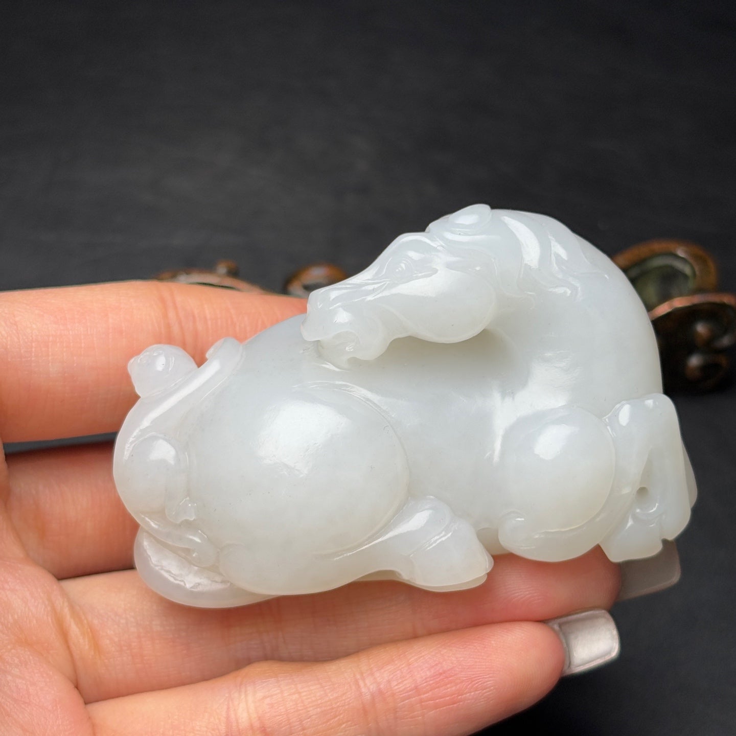 A0584 Superb Chinese White Hetian Jade Carved Horse & Monkey Statue/Pendant