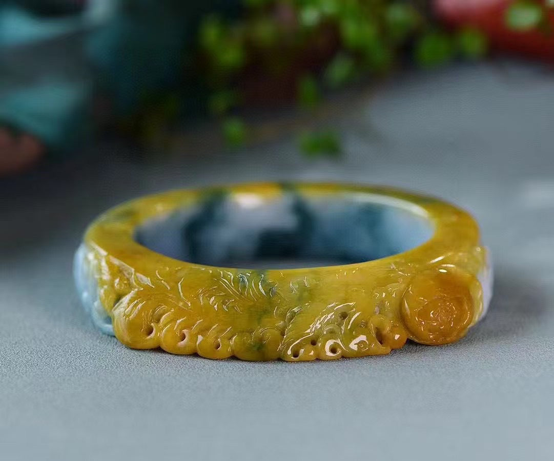 A0586 Inside Diameter 58mm Exquisite Jadeite Carved Phoenix & Peony Bracelet