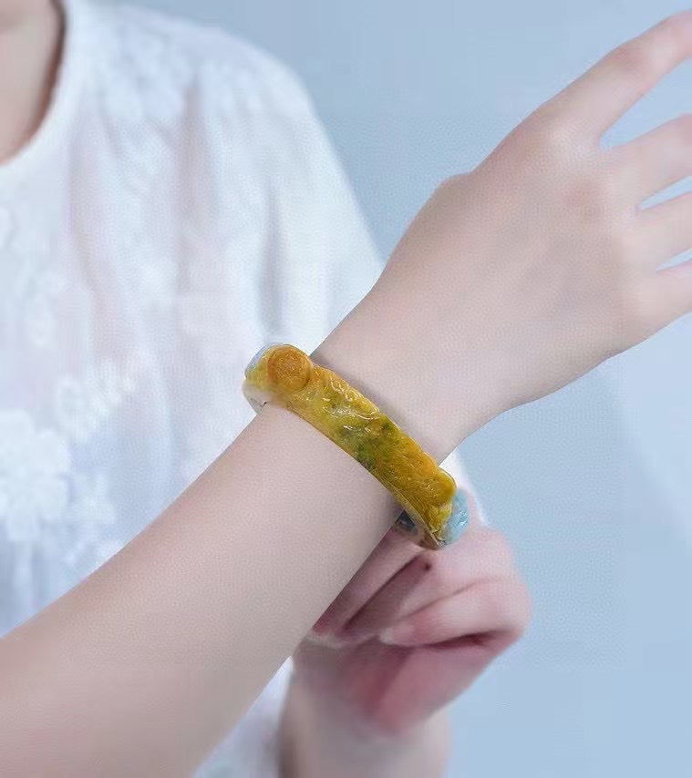 A0586 Inside Diameter 58mm Exquisite Jadeite Carved Phoenix & Peony Bracelet