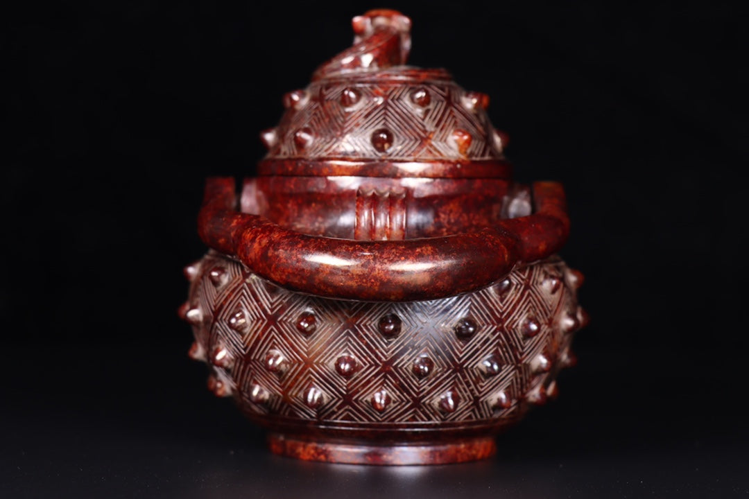 A0587 Vintage Chinese Hetian Jade Handle Pot w Lid