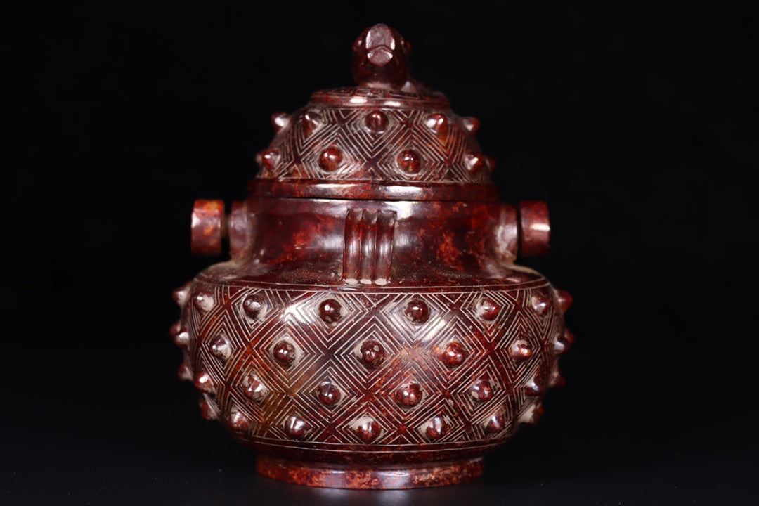 A0587 Vintage Chinese Hetian Jade Handle Pot w Lid