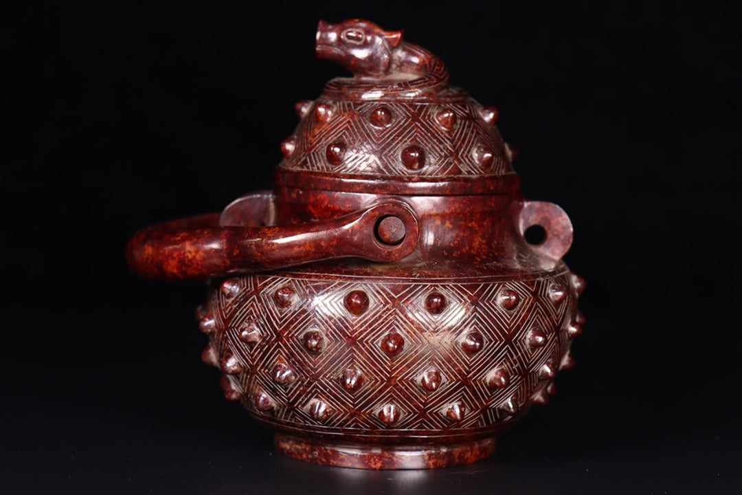 A0587 Vintage Chinese Hetian Jade Handle Pot w Lid