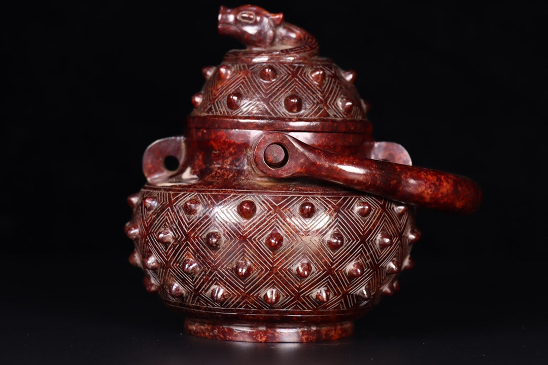 A0587 Vintage Chinese Hetian Jade Handle Pot w Lid