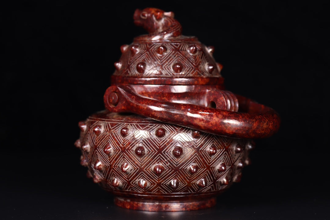 A0587 Vintage Chinese Hetian Jade Handle Pot w Lid