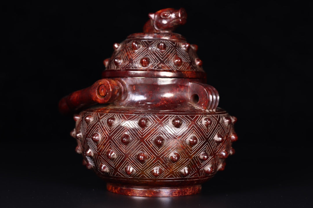 A0587 Vintage Chinese Hetian Jade Handle Pot w Lid