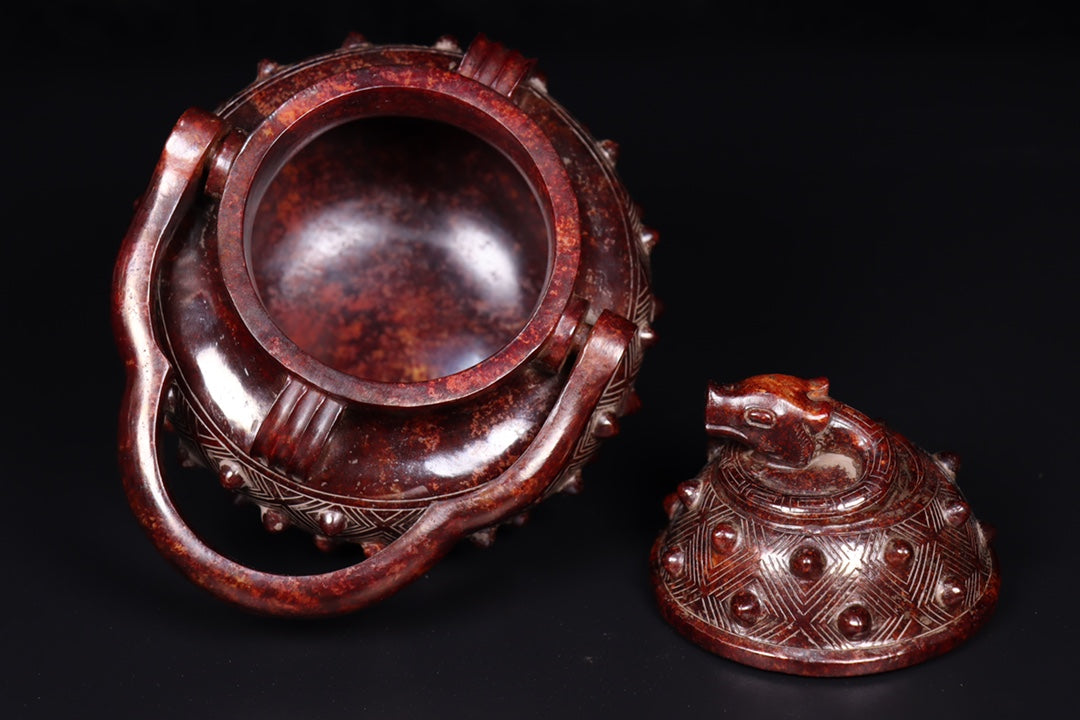 A0587 Vintage Chinese Hetian Jade Handle Pot w Lid