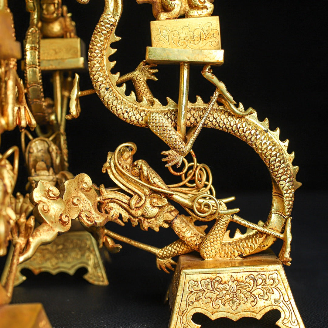 A0593 A Set Superb Vintage Chinese Gilt Gold Copper Five Dragon Seal w Base